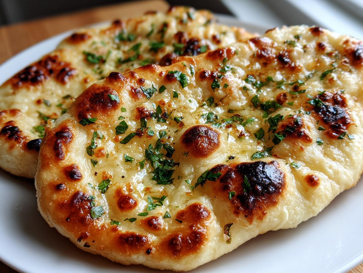 Close-up of two pieces of golden, fluffy homemade naan bread brushed with melted butter and topped with fresh green herbs.