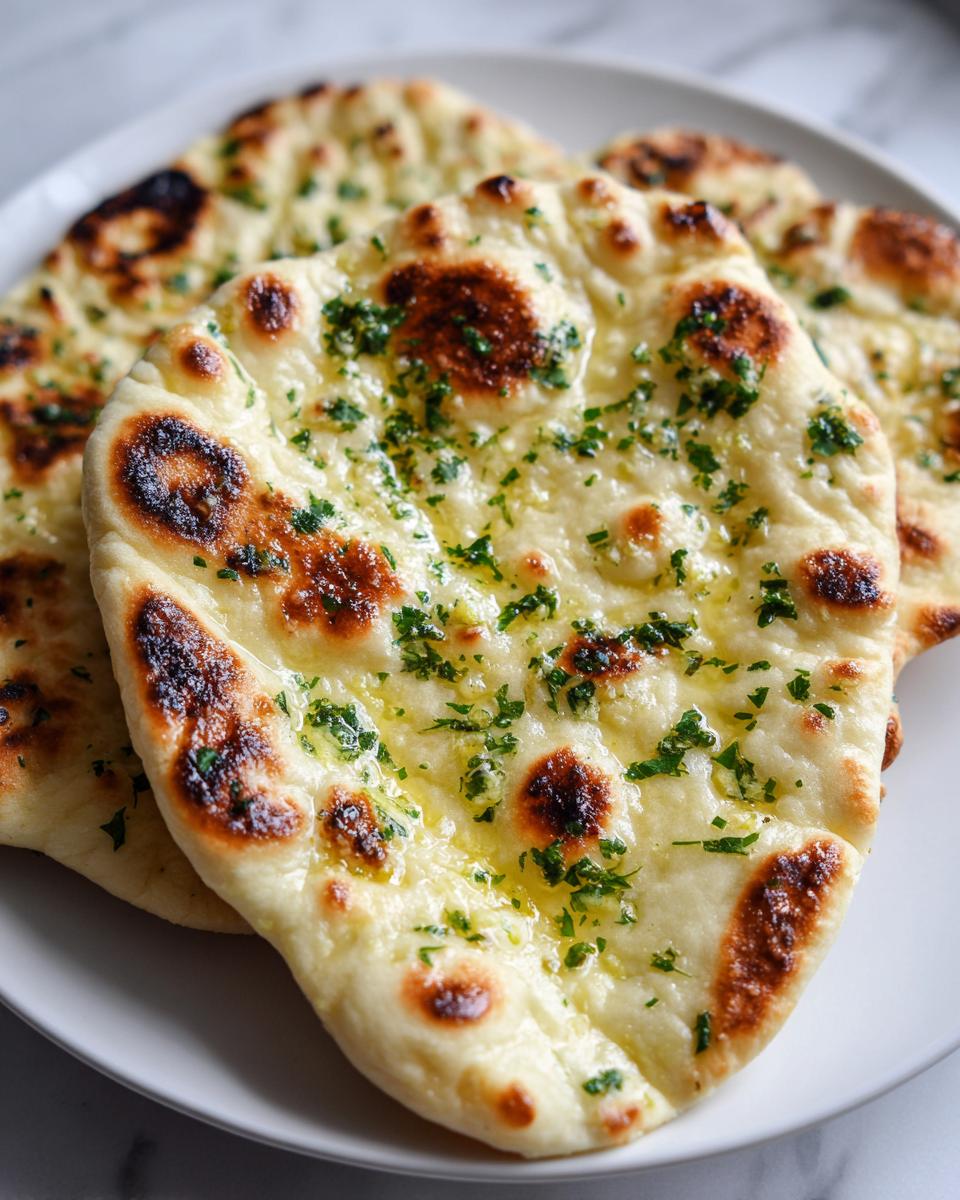 Close-up of freshly baked homemade naan bread brushed with melted butter and sprinkled with parsley.