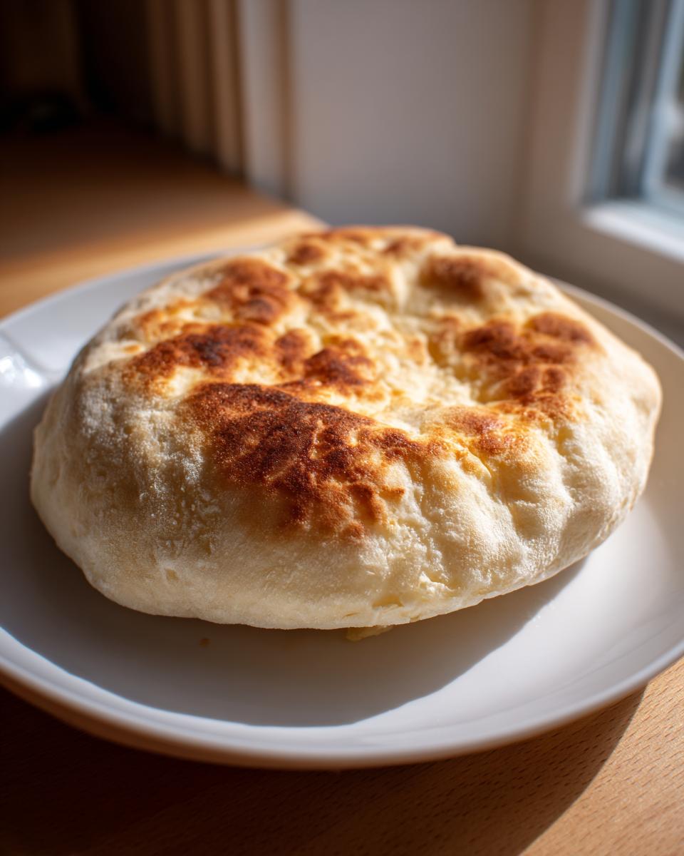 A single, puffy, freshly cooked pita bread with golden-brown spots resting on a white plate.