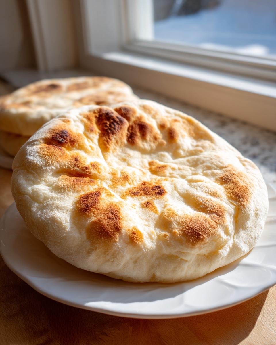 A close-up of a fluffy, round piece of homemade pita bread with golden-brown spots resting on a white plate.