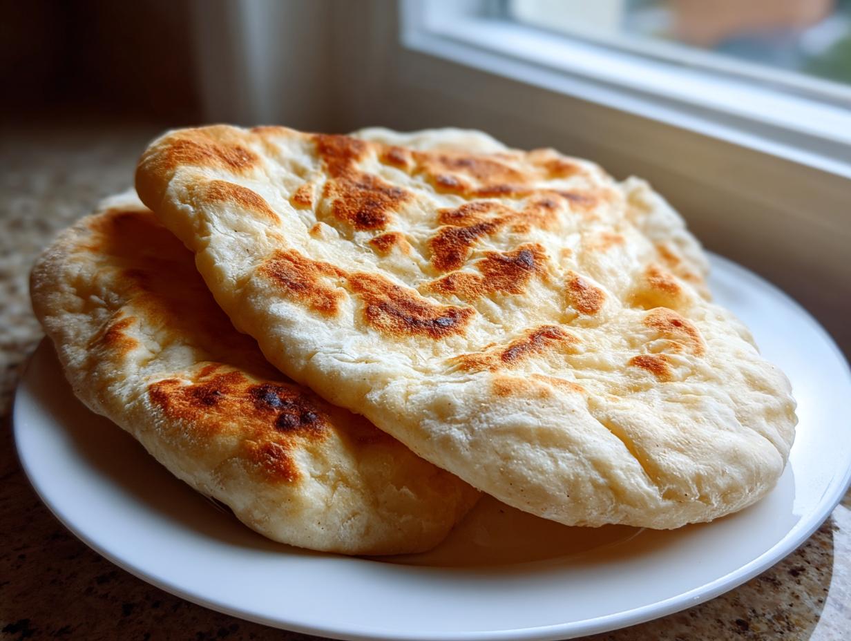 Two freshly cooked, slightly charred pita bread pockets stacked on a white plate near a window.
