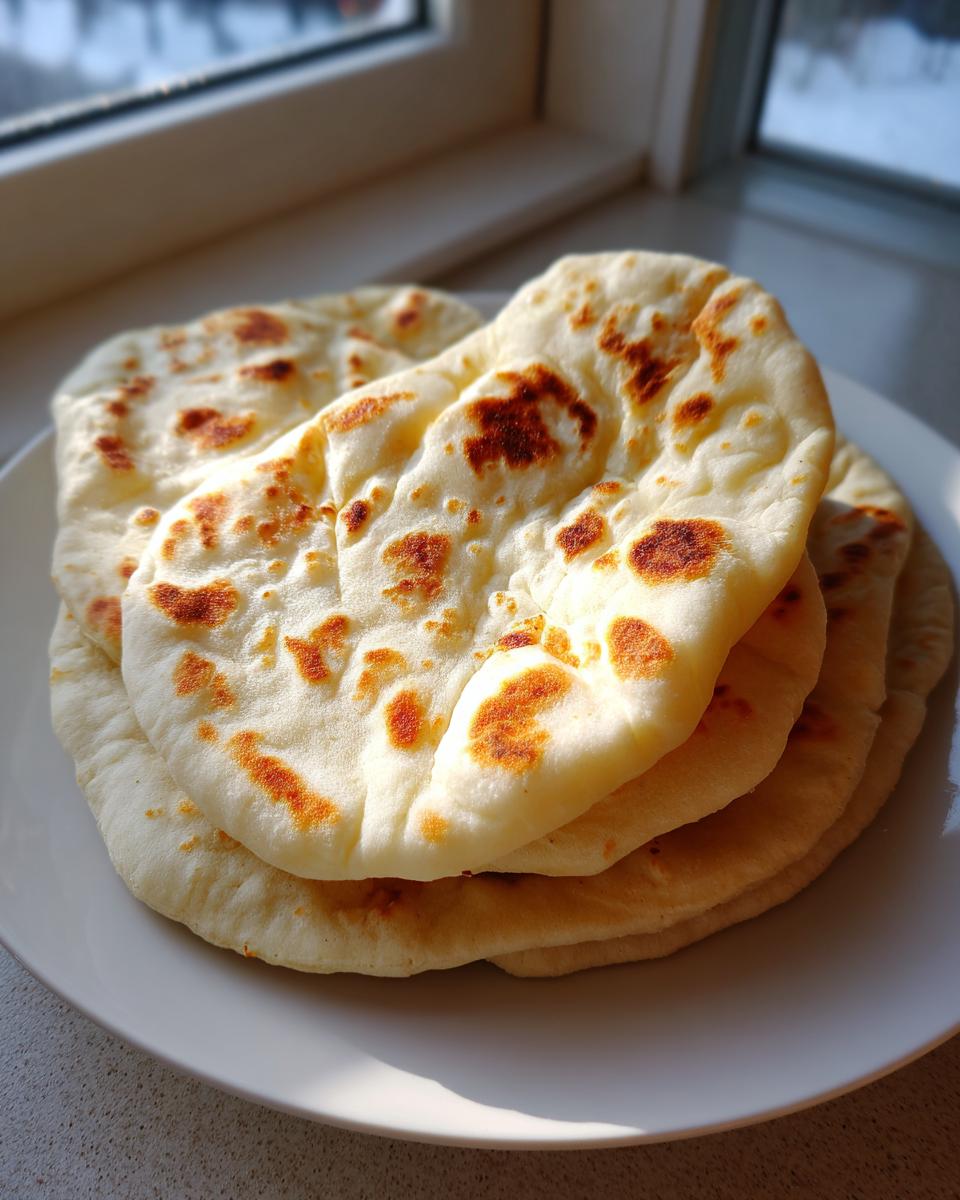 A stack of four freshly cooked, fluffy pita bread rounds with golden-brown charred spots, resting on a white plate.