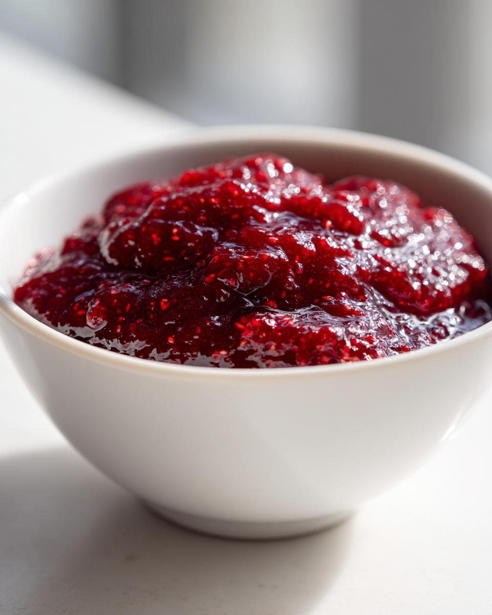 A close-up, bright photo of thick, glistening homemade raspberry jam in a small white bowl.