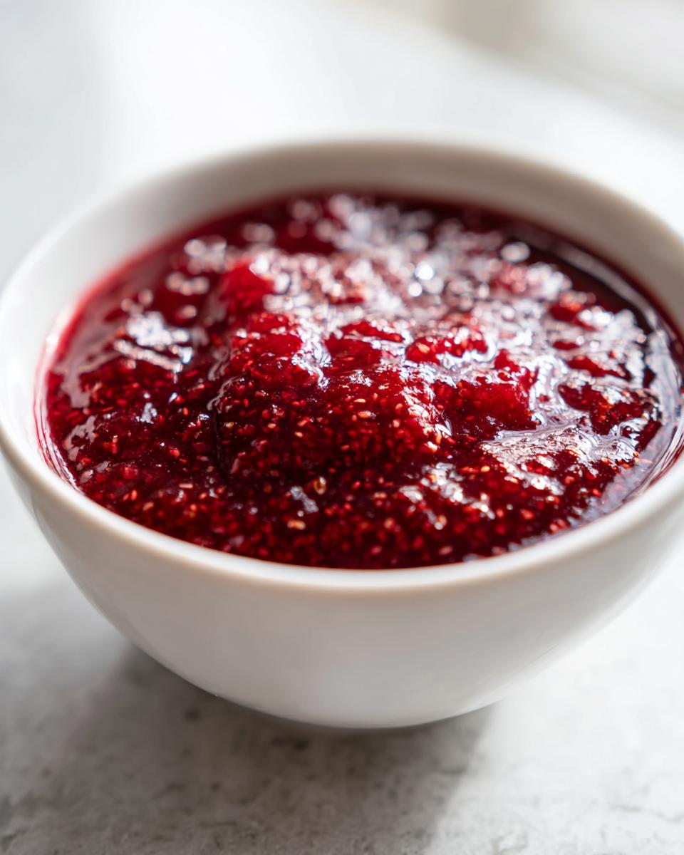 A close-up shot of thick, vibrant red homemade raspberry jam with visible seeds in a small white bowl.