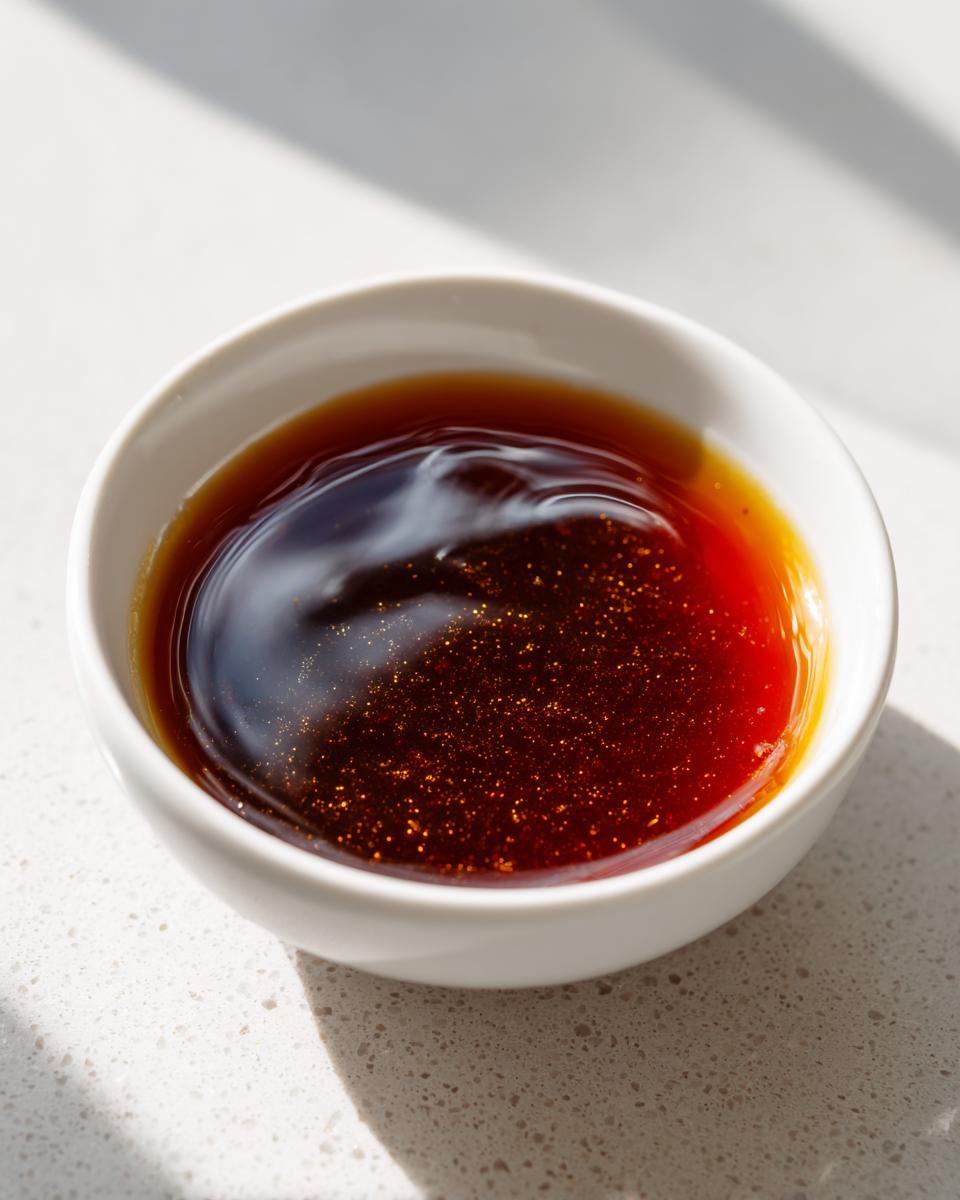 Close-up of rich, dark homemade teriyaki sauce glistening in a small white bowl on a light countertop.