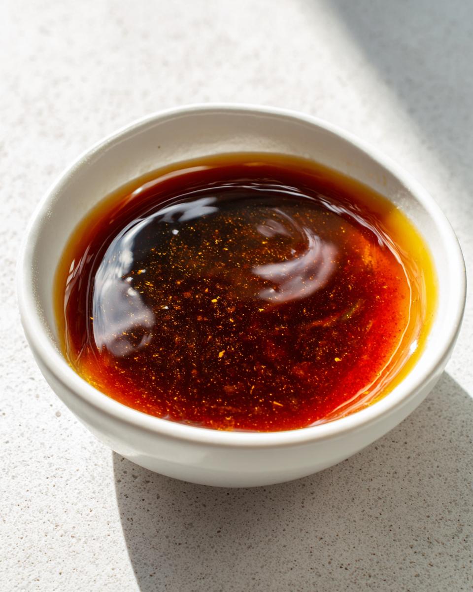 Close-up of rich, glossy homemade teriyaki sauce in a small white dipping bowl.