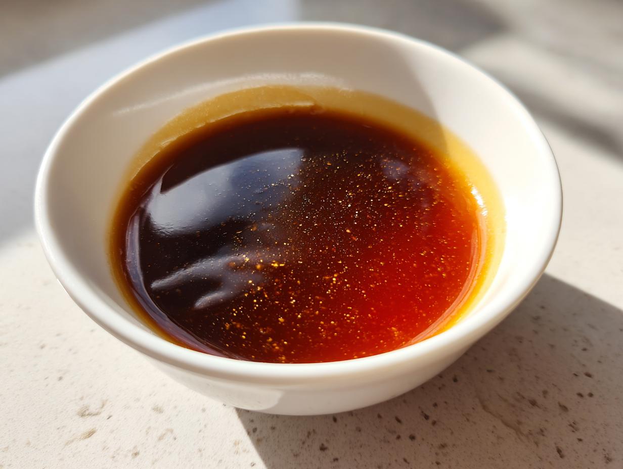 Close-up of rich, dark homemade teriyaki sauce glistening in a small white dipping bowl.