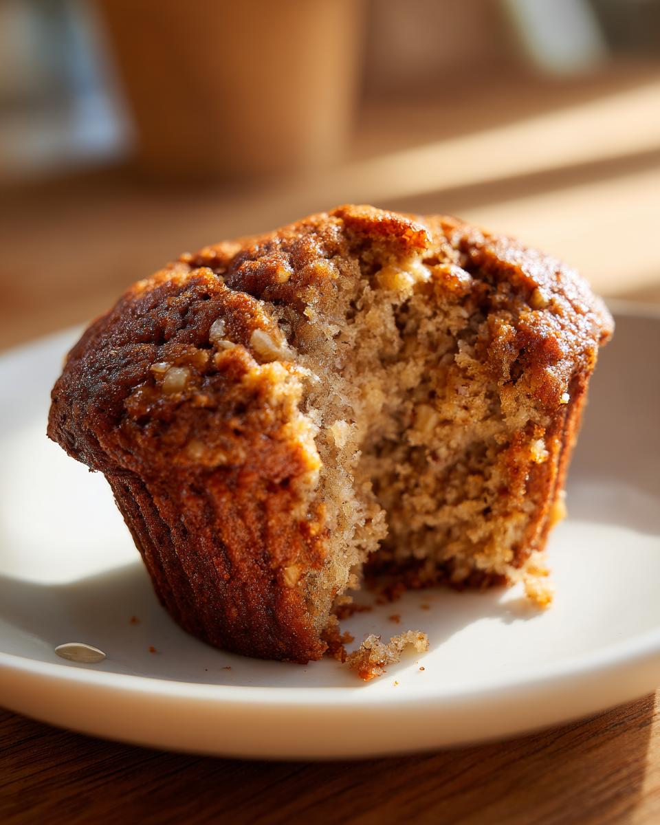 Close-up of a delicious honey bran muffin with a bite taken out, showing the moist, textured interior.
