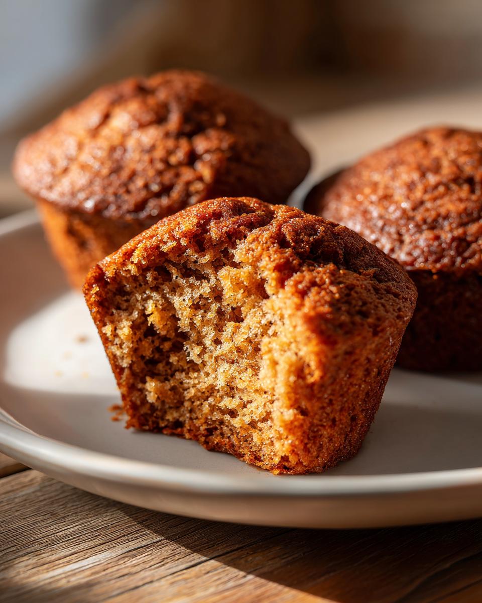 A close-up of a honey bran muffin with a bite taken out, revealing a moist, textured interior, sitting on a plate with two other muffins.