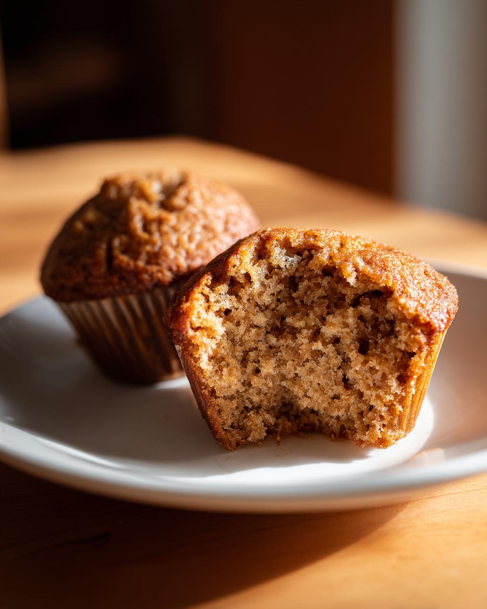 Close-up of two moist honey bran muffins on a white plate, one with a bite taken out showing the texture.