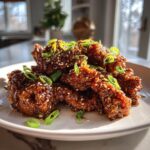 Close-up of sticky, glazed honey garlic chicken pieces topped with sesame seeds and sliced green onions.