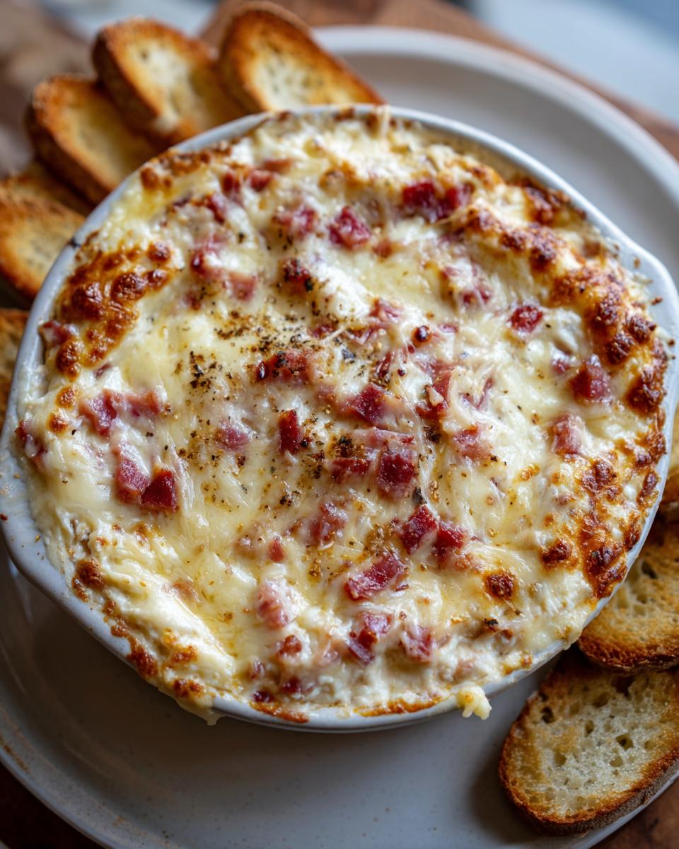Close-up of a hot, baked reuben dip topped with melted cheese and diced meat, served with toasted bread.
