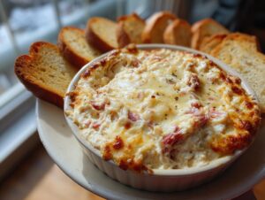 Close-up of a hot, cheesy reuben dip baked in a white ramekin, served with toasted bread slices.