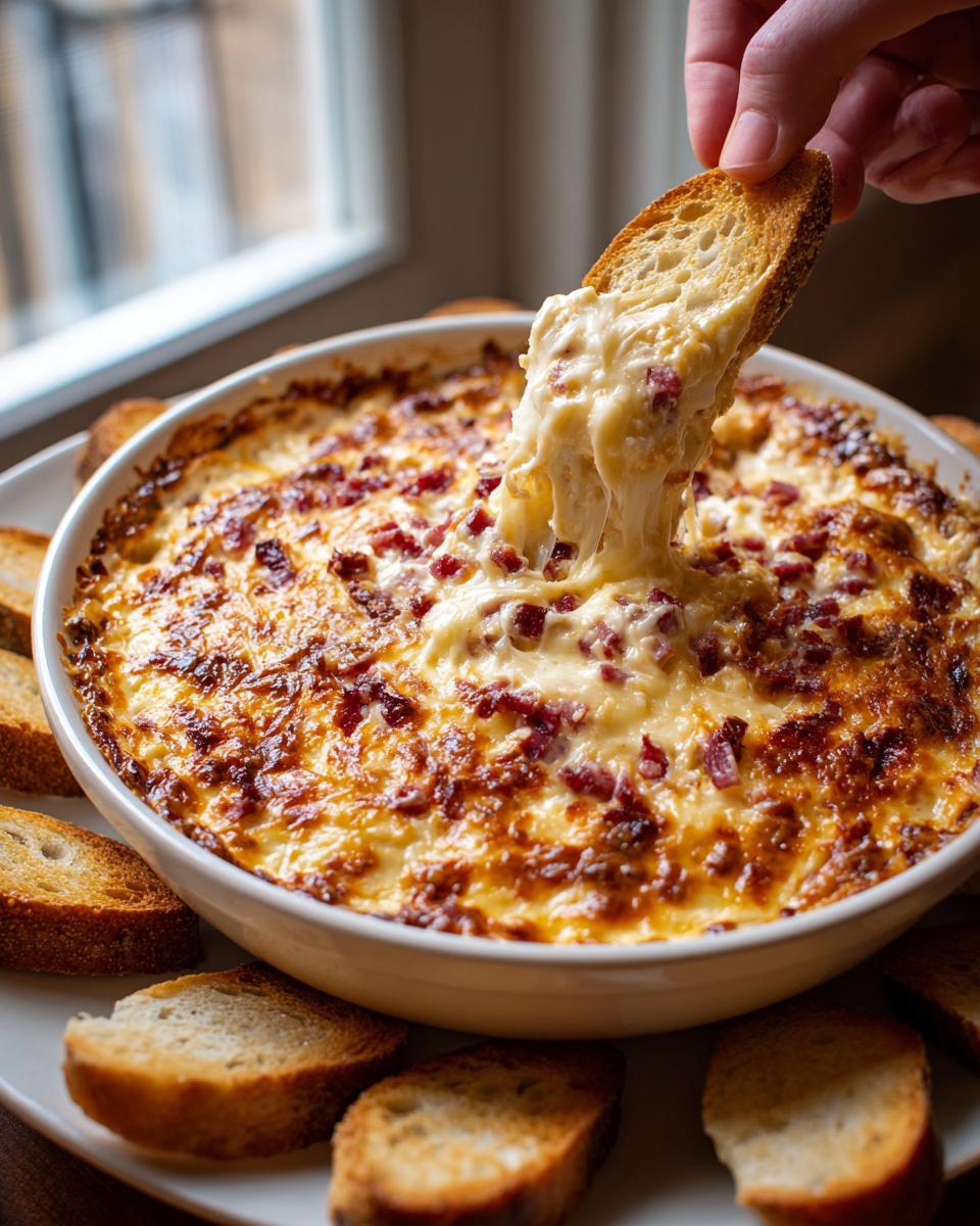 A hand dipping a slice of toasted bread into a hot, cheesy reuben dip, showing a satisfying cheese pull.