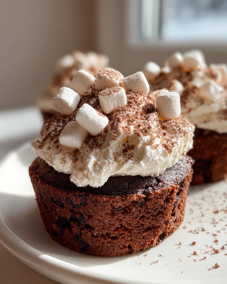 A rich, dark chocolate hot chocolate cupcake topped with whipped cream, mini marshmallows, and cocoa powder.