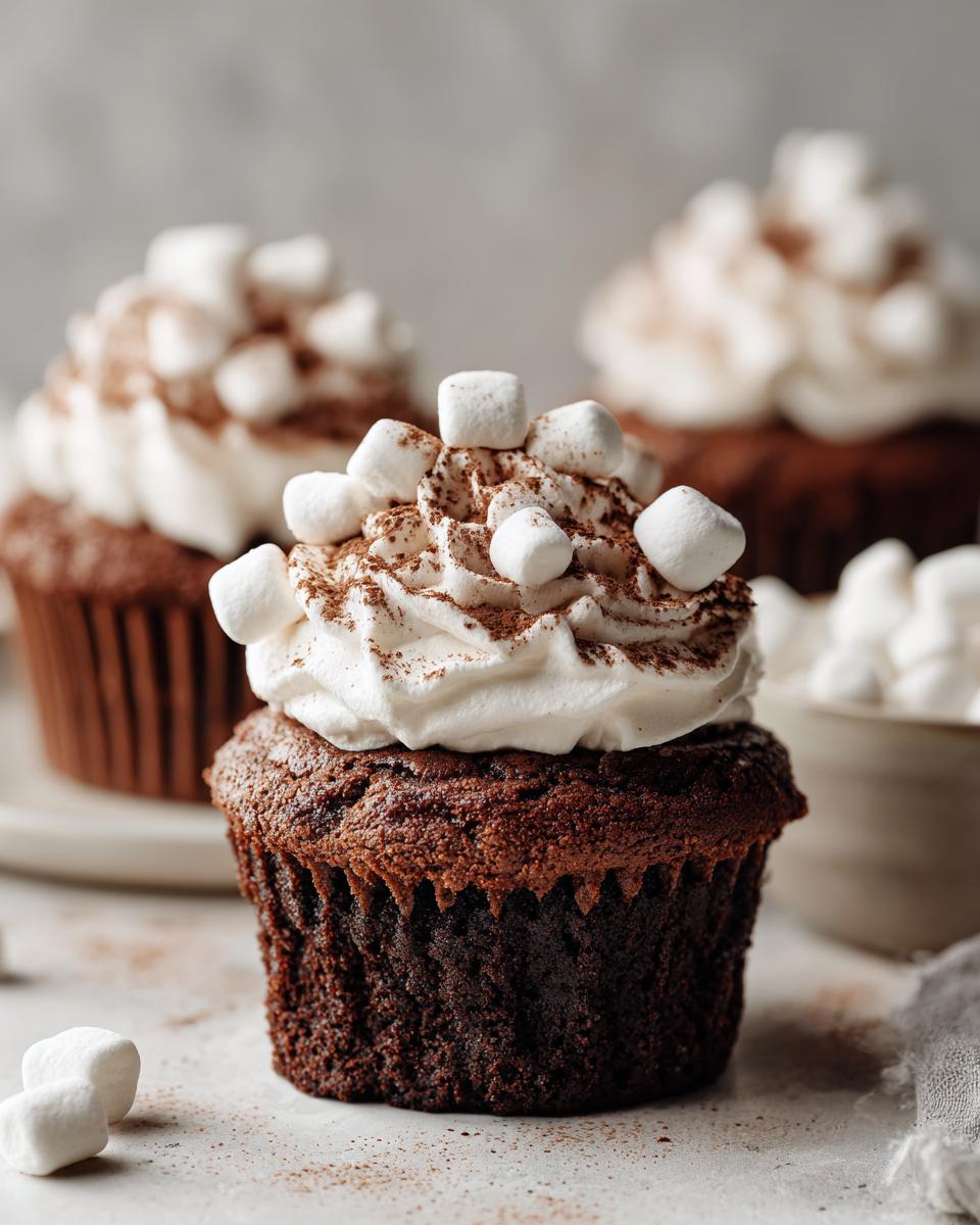 A decadent chocolate cupcake topped with whipped cream, cocoa powder, and mini marshmallows, representing perfect hot chocolate cupcakes.