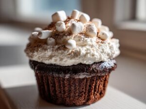 Close-up of a rich chocolate hot chocolate cupcakes topped with whipped cream, mini marshmallows, and cocoa powder.
