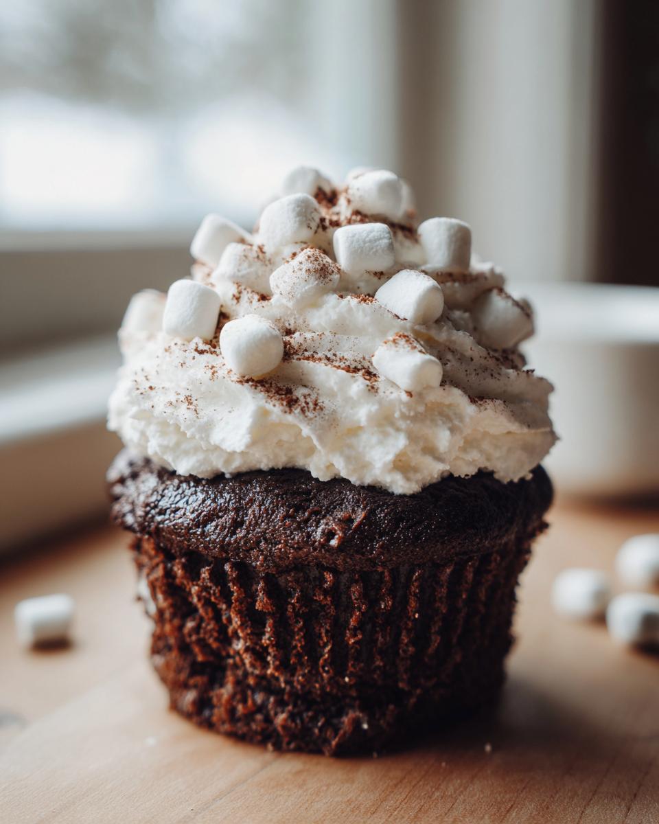 A close-up of a decadent hot chocolate cupcakes topped with whipped cream, mini marshmallows, and cocoa powder.