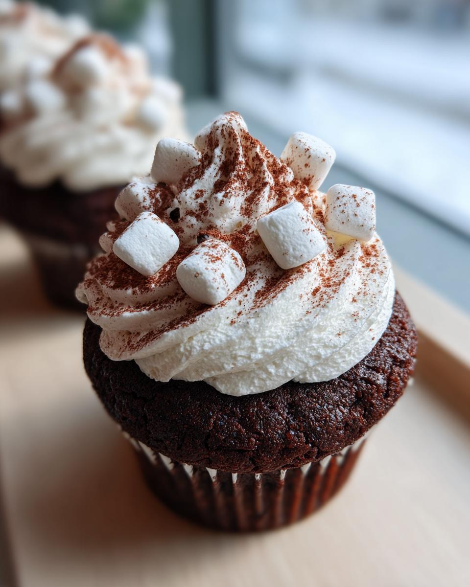 Close-up of a rich chocolate hot chocolate cupcake topped with whipped cream, cocoa powder, and mini marshmallows.
