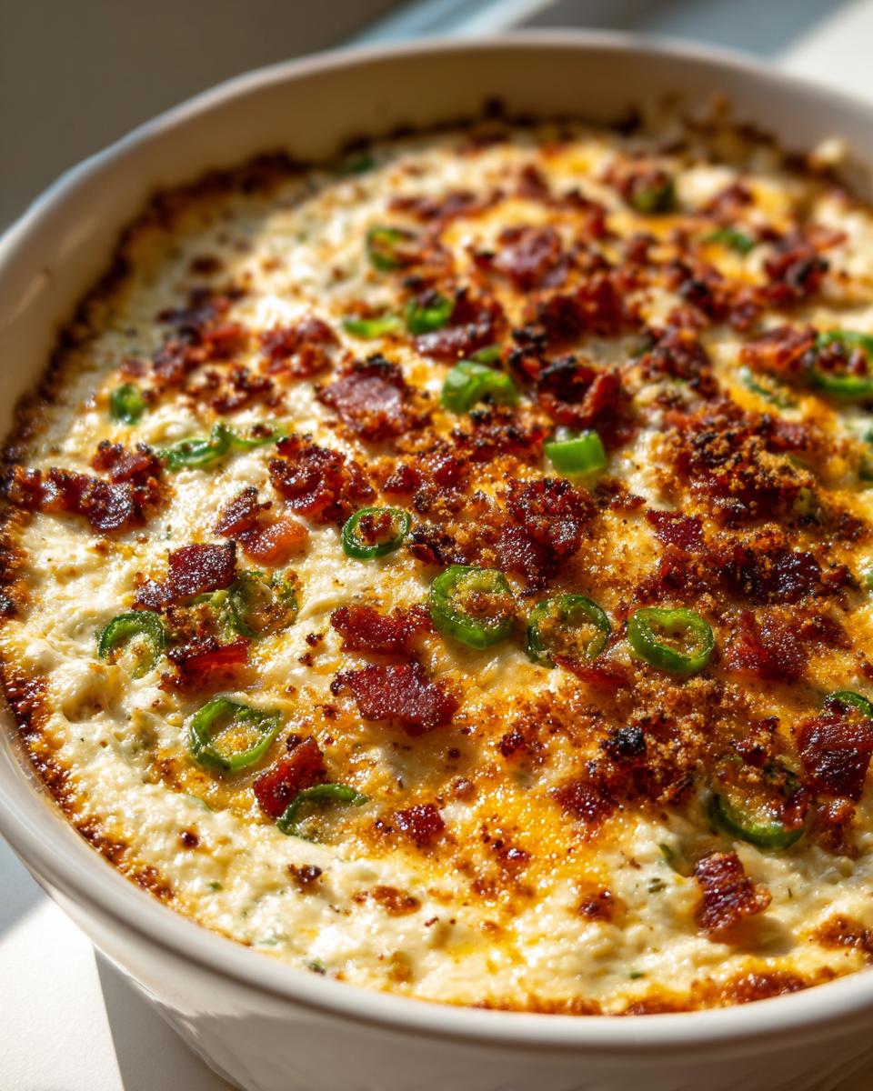 Close-up of hot, baked Jalapeño popper dip topped with crispy bacon bits and sliced green jalapeños.