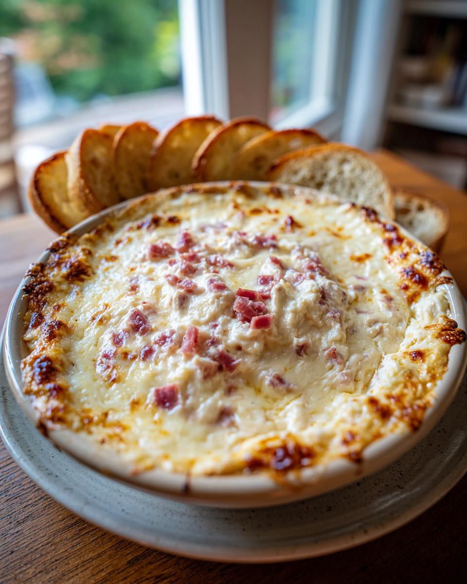 A close-up of a hot, cheesy reuben dip baked in a round dish, served with toasted bread slices.