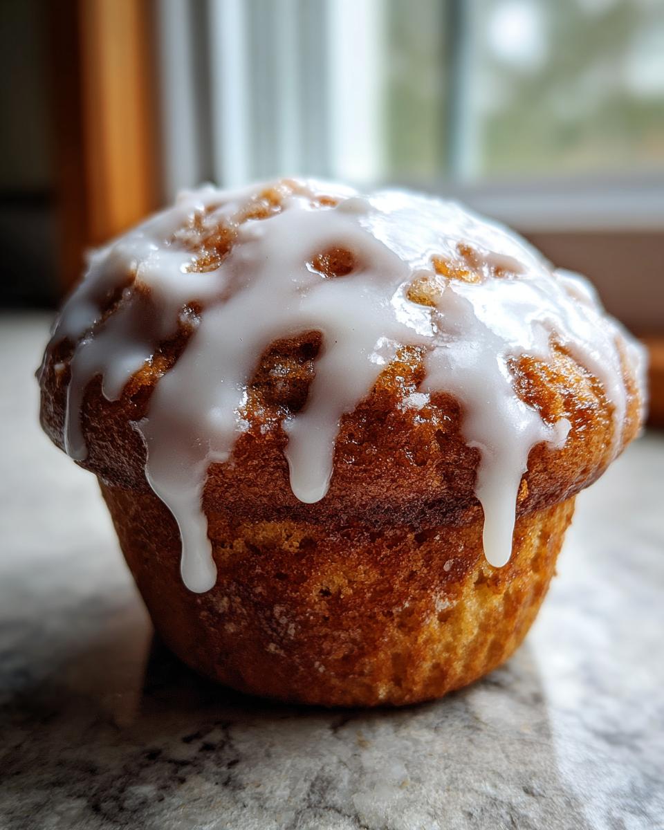 A single, golden-brown cinnamon roll muffin topped with thick, dripping white vanilla glaze.