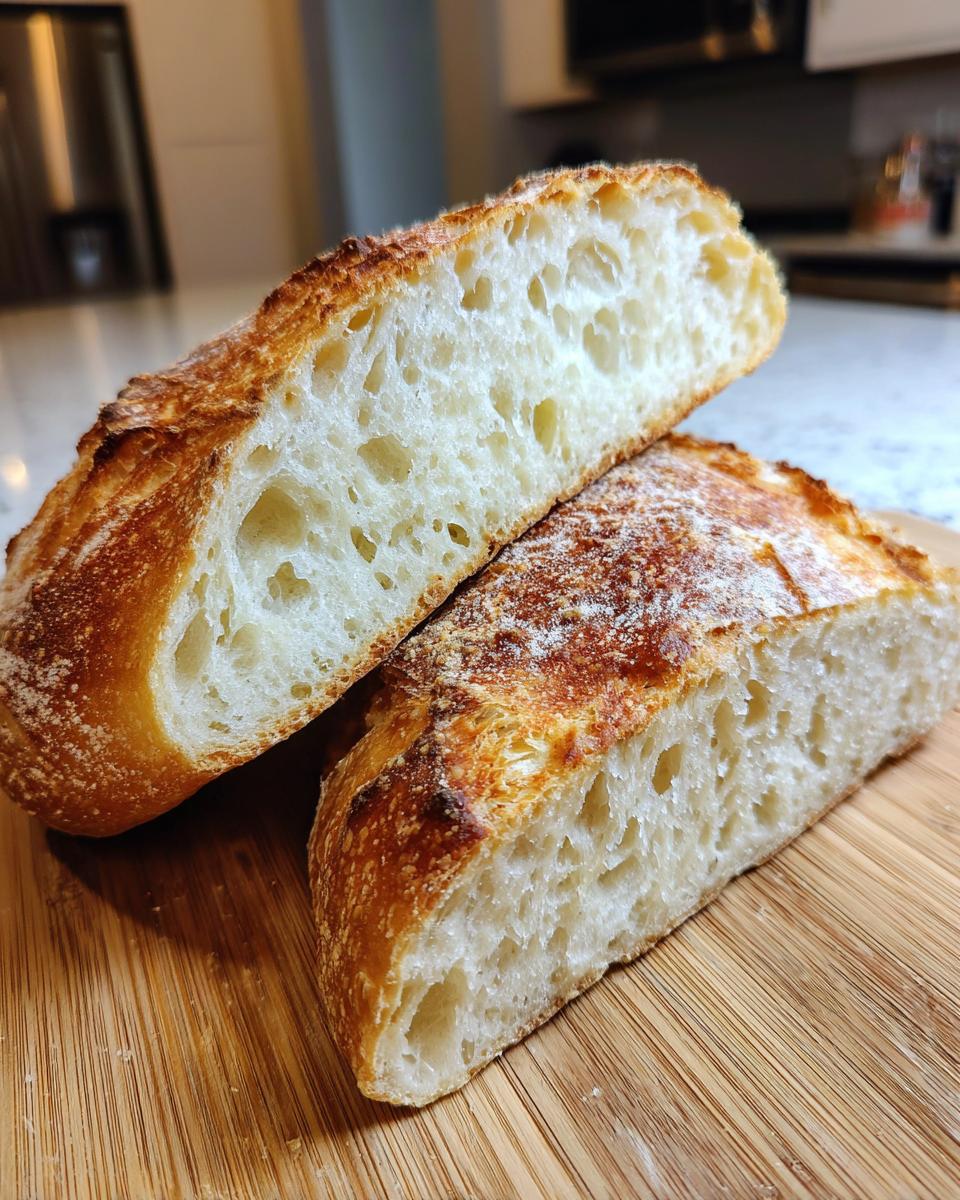 Cross-section of homemade Italian bread showing an open, airy crumb and a golden, crisp crust.