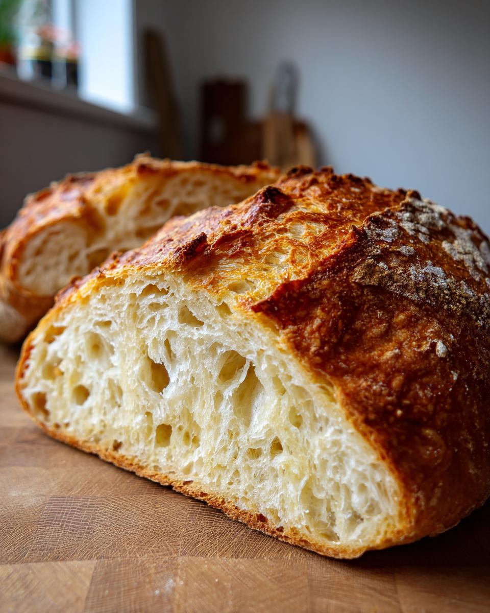 Close-up of a freshly baked Italian bread loaf sliced open, showing a golden, crusty exterior and an airy, open crumb structure.