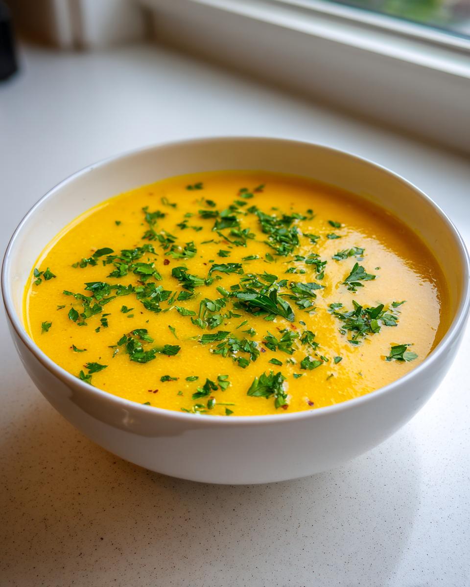 A close-up of a bright yellow bowl of Italian penicillin soup garnished with fresh green parsley.