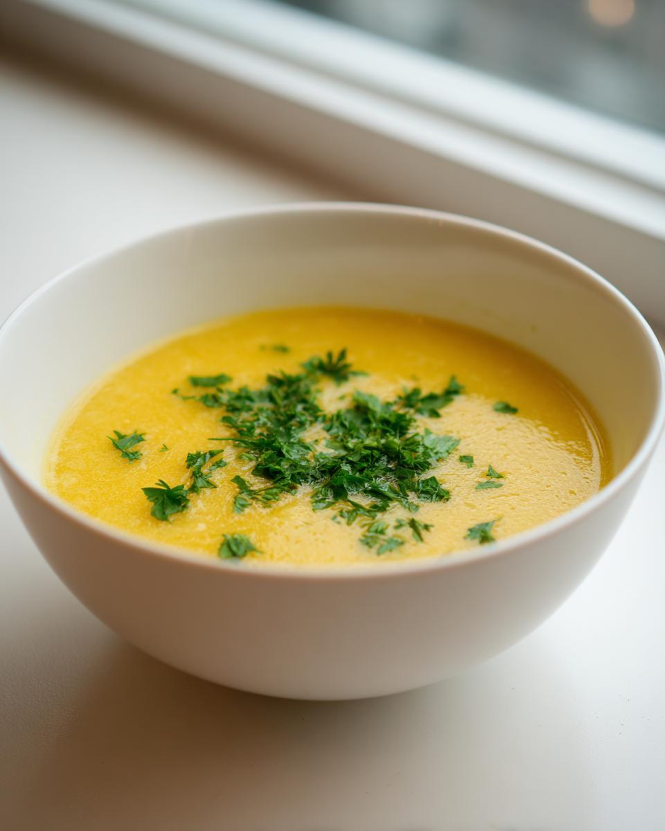 Close-up of a creamy, yellow Italian penicillin soup topped with fresh chopped parsley in a white bowl.