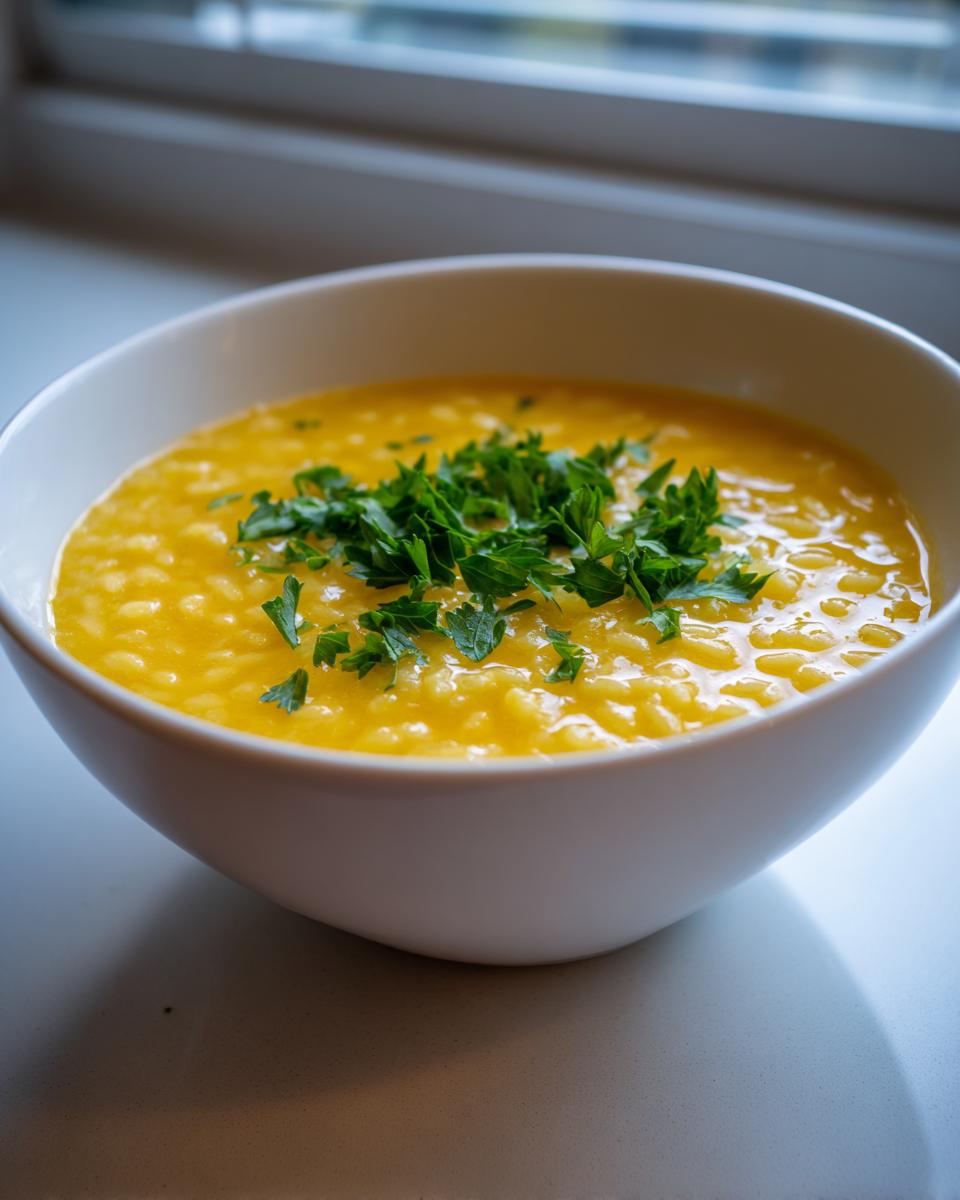 A white bowl filled with creamy, yellow Italian penicillin soup, topped generously with fresh chopped parsley.