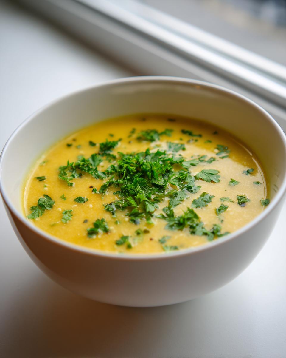 Close-up of a white bowl filled with creamy, yellow Italian penicillin soup, topped generously with fresh chopped parsley.