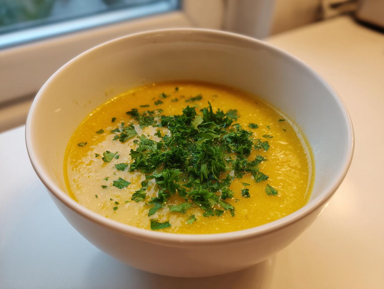 A close-up of a bowl of vibrant yellow Italian penicillin soup garnished generously with fresh chopped parsley.