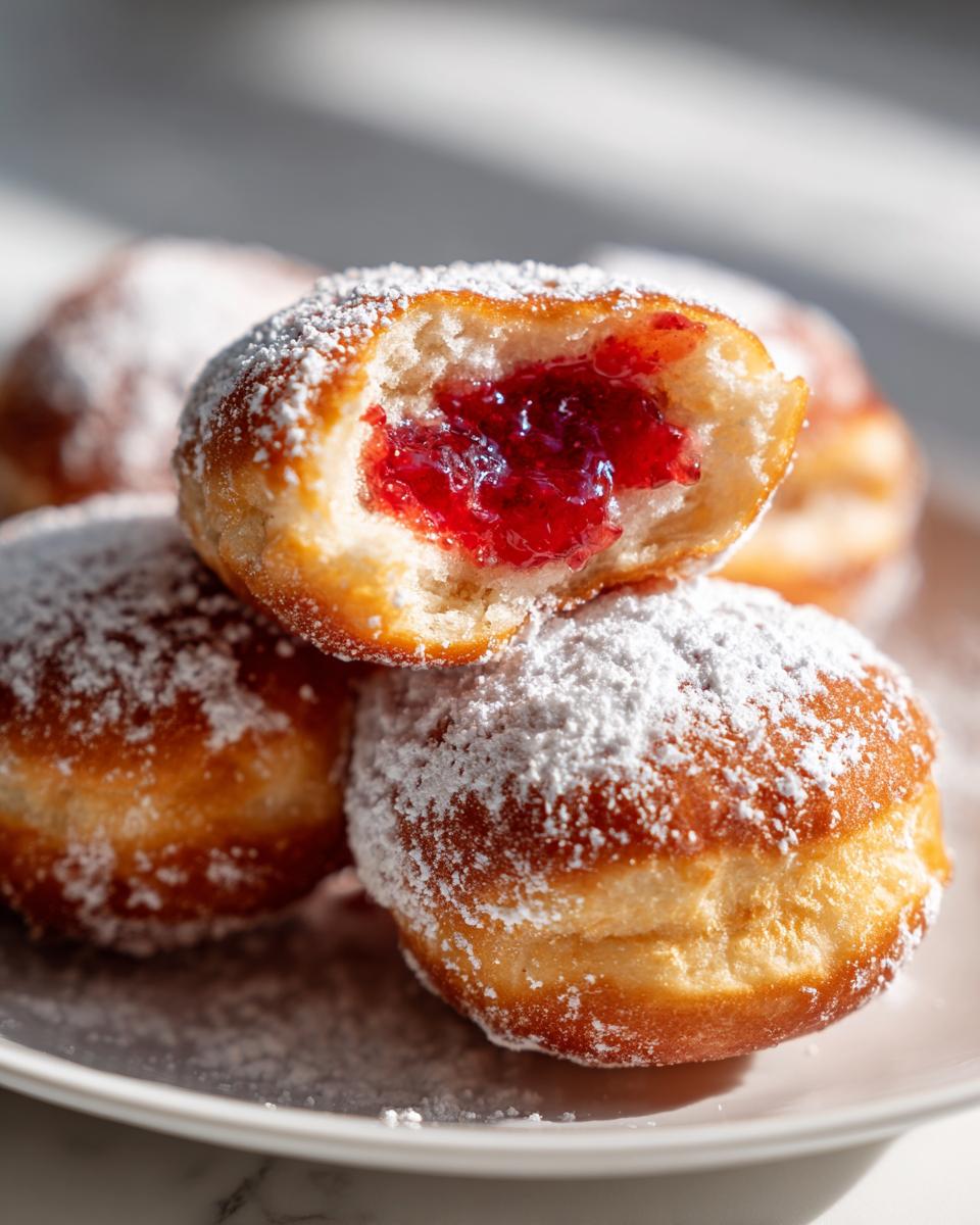 Close-up of fluffy, golden Sufganiyot dusted heavily with powdered sugar, one is broken open revealing bright red jam filling.