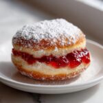 A close-up of a fluffy, round Sufganiyot filled with bright red jam and heavily dusted with powdered sugar.