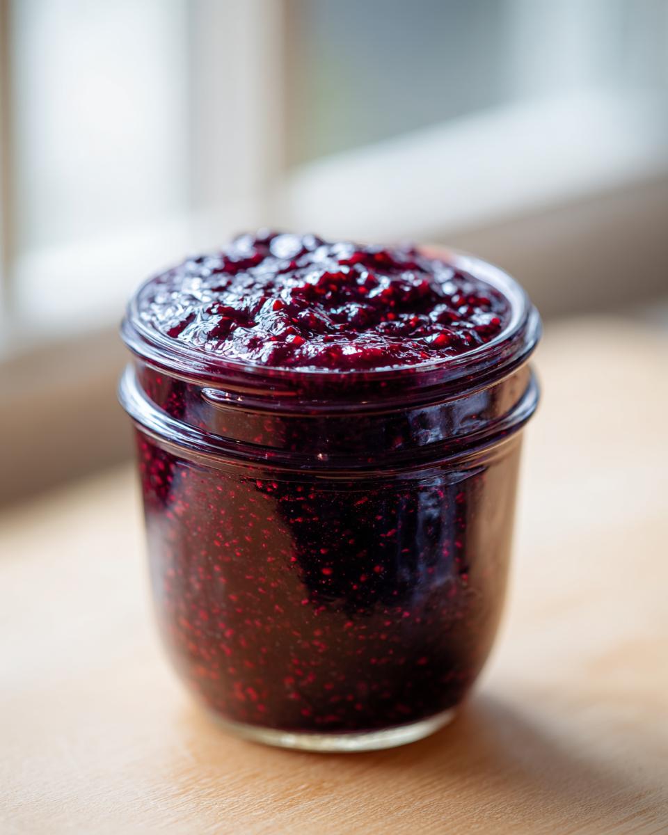 A close-up of a glass jar filled with thick, deep purple homemade blackberry jam, set against a bright, blurred background.