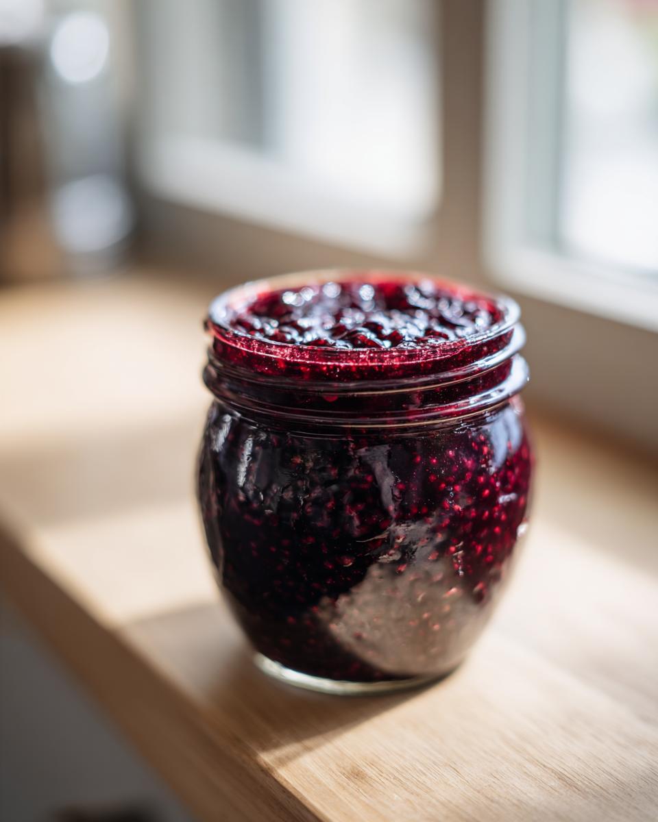 A close-up of a jar filled with rich, dark homemade blackberry jam sitting on a sunlit wooden surface.