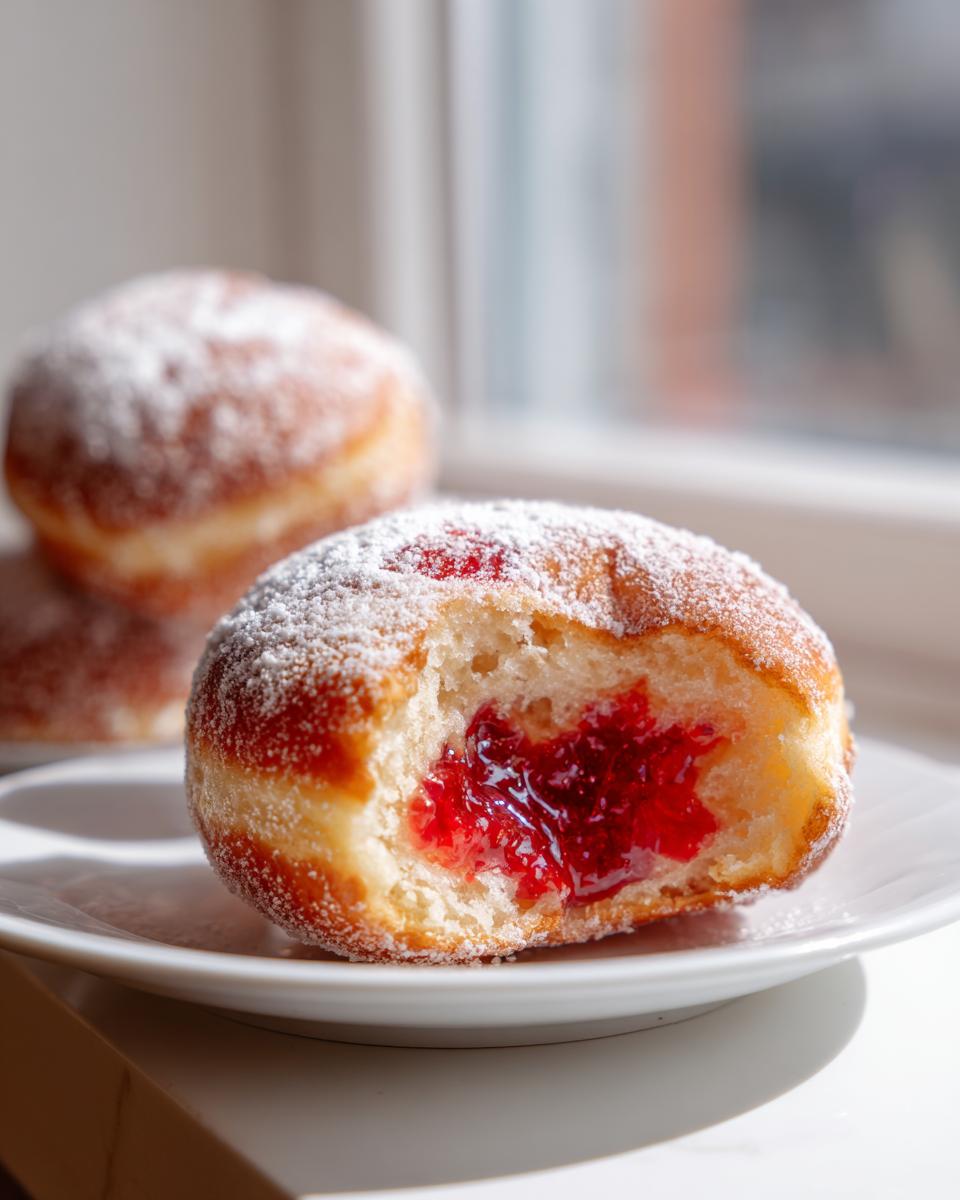 A close-up of a jelly-filled Sufganiyot donut, dusted with powdered sugar, with a bite taken out showing bright red jam.