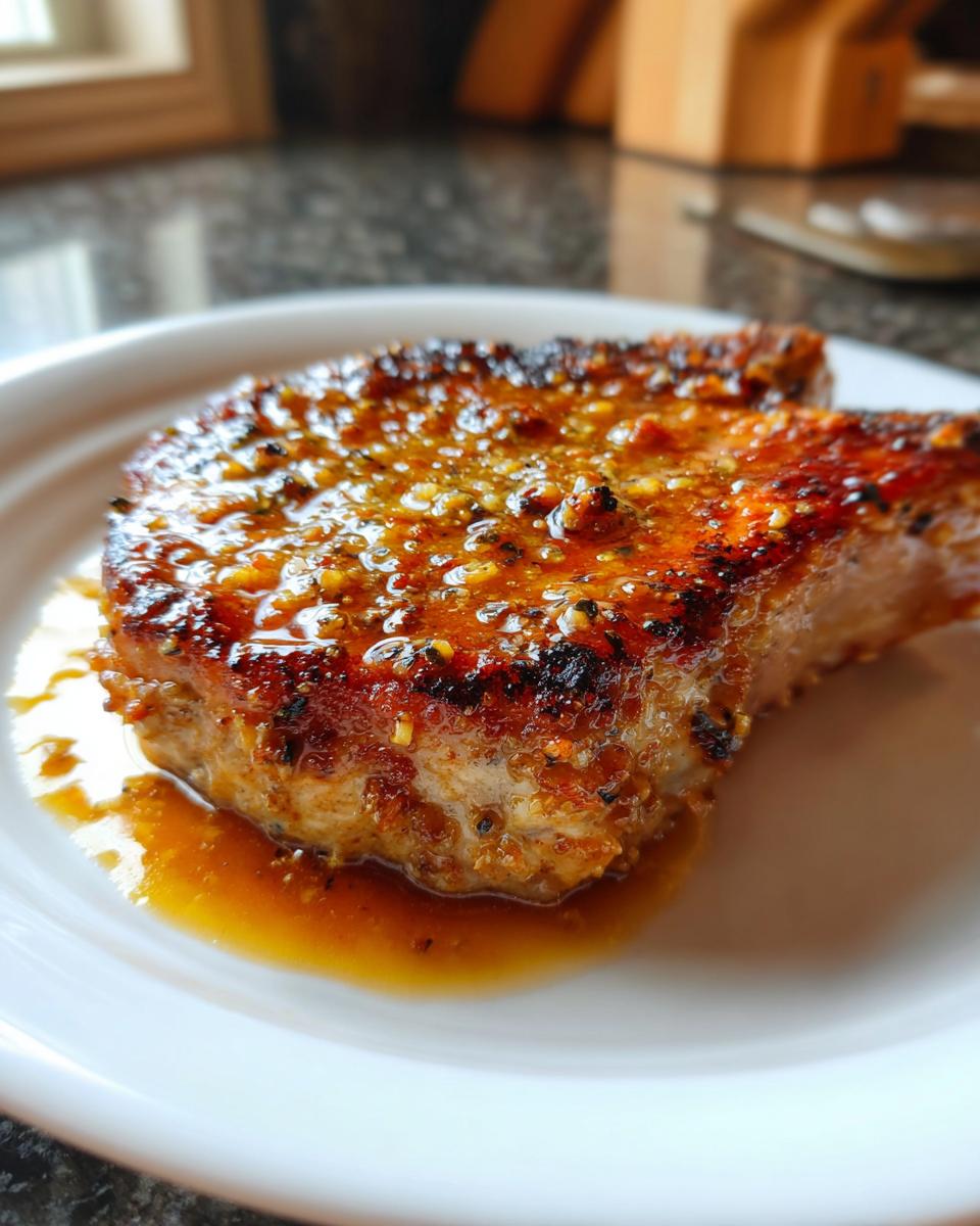 Close-up of a perfectly seared, juicy pork chop covered in a glistening, savory glaze.