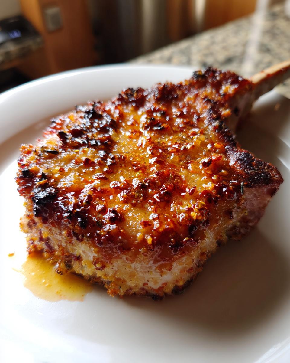 Close-up of a thick, juicy bone-in pork chop with a dark, caramelized glaze served on a white plate.