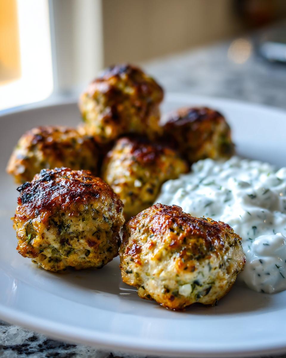 Close-up of golden brown greek chicken meatballs served on a white plate next to a dollop of creamy tzatziki sauce.