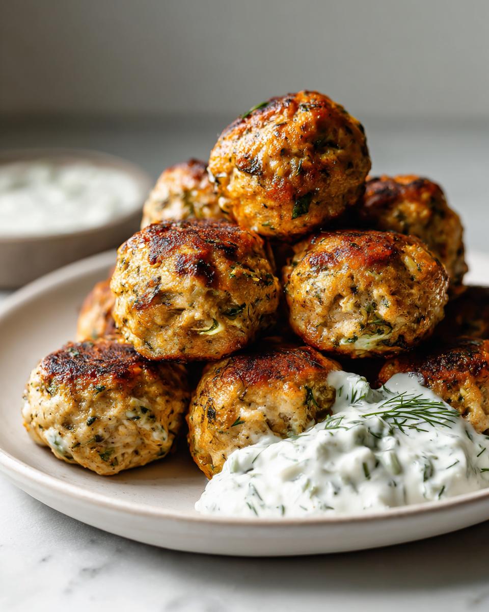 A stack of golden-brown greek chicken meatballs served on a plate with a dollop of creamy tzatziki sauce.