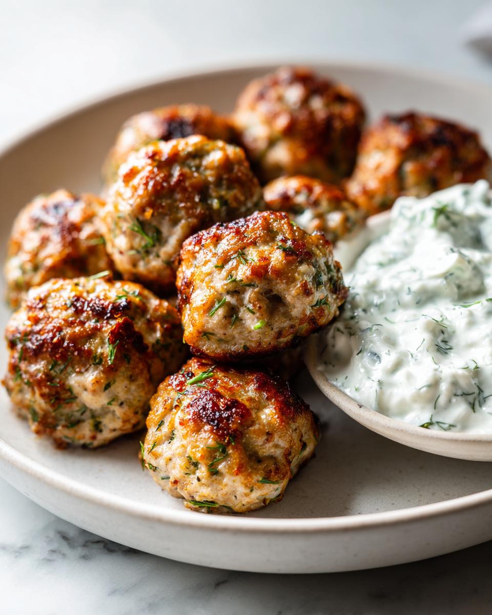 A close-up of golden-brown greek chicken meatballs served on a light plate next to a small bowl of creamy tzatziki sauce.