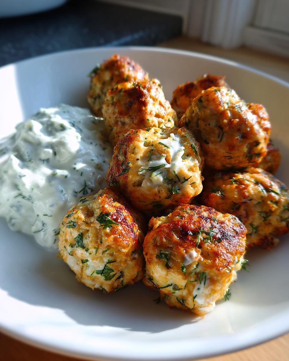 A white bowl filled with golden brown greek chicken meatballs served alongside a dollop of creamy tzatziki sauce.