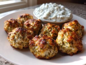A plate of golden brown greek chicken meatballs served with a side of creamy tzatziki sauce.