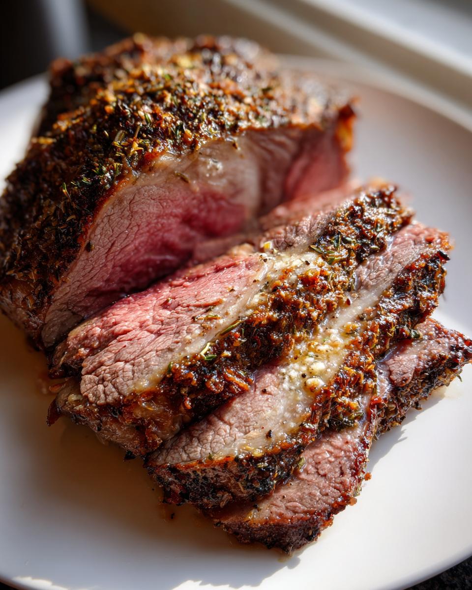 Close-up of perfectly cooked, medium-rare prime rib recipe roast, sliced and showing a thick herb crust.
