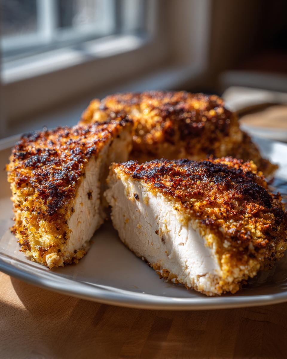 Cross-section view of juicy parmesan crusted chicken showing the white interior and golden-brown topping.