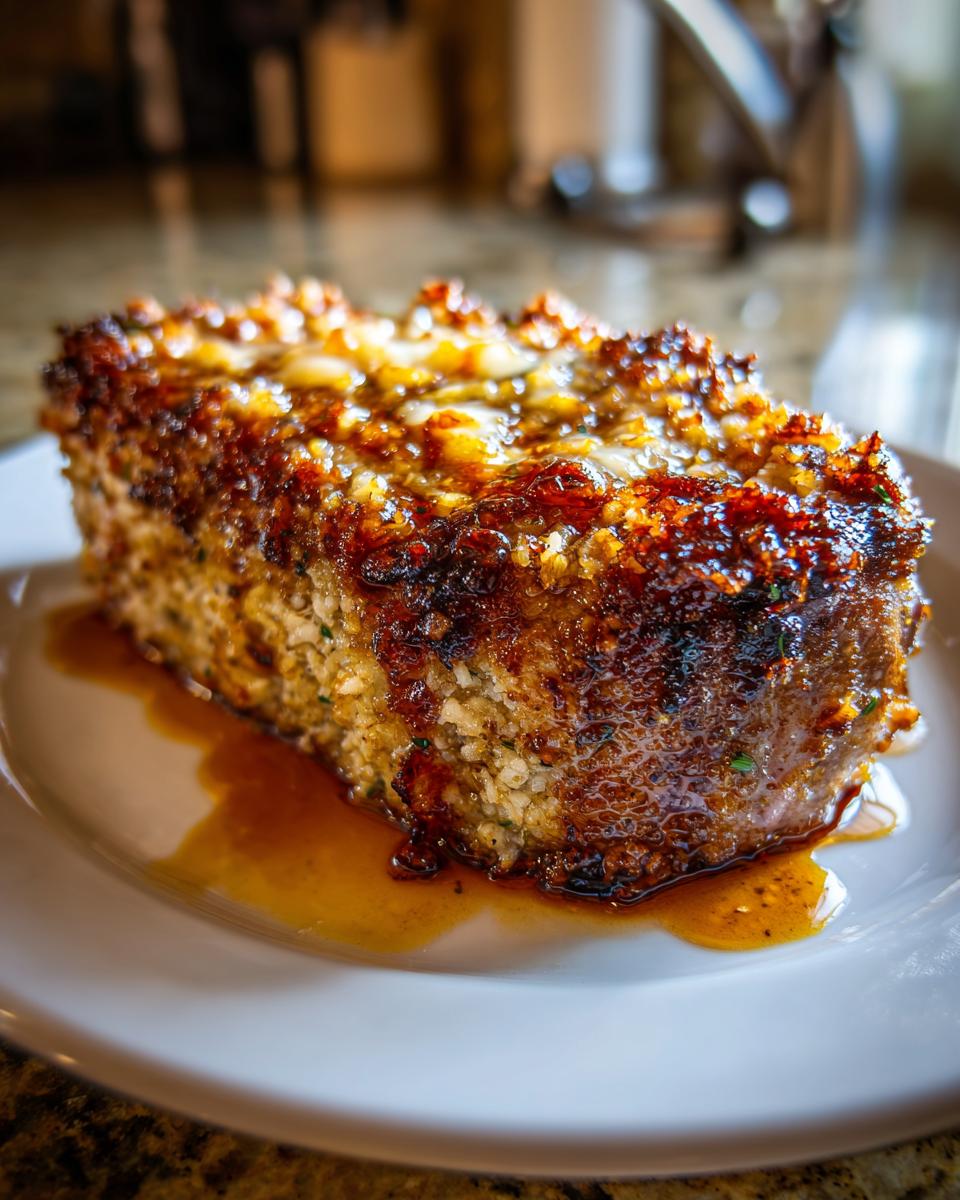 Close-up of a thick, juicy pork chop with a caramelized, cheesy crust and savory pan juices.