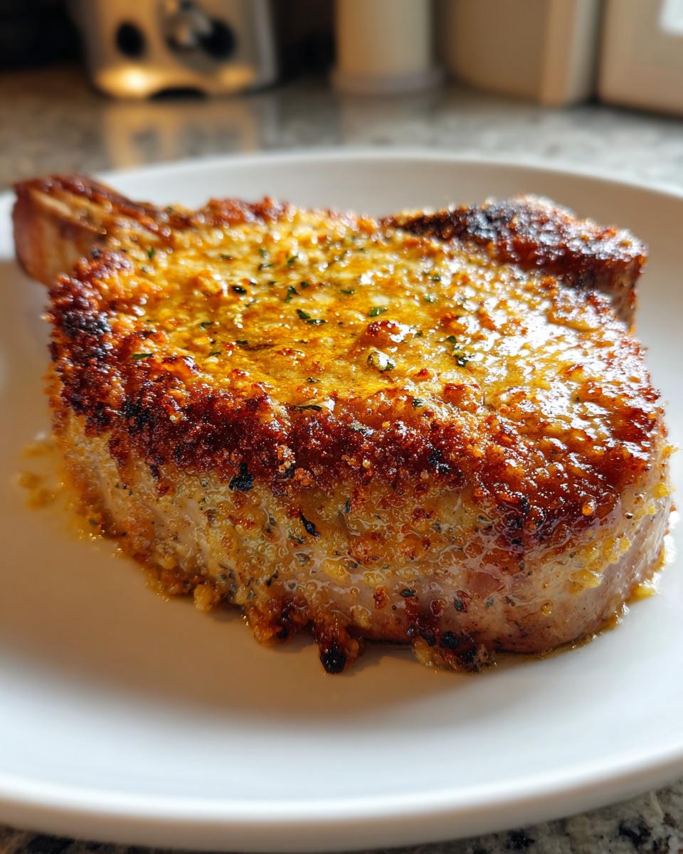 Close-up of a thick, juicy pork chop with a beautifully browned, seasoned crust served on a white plate.