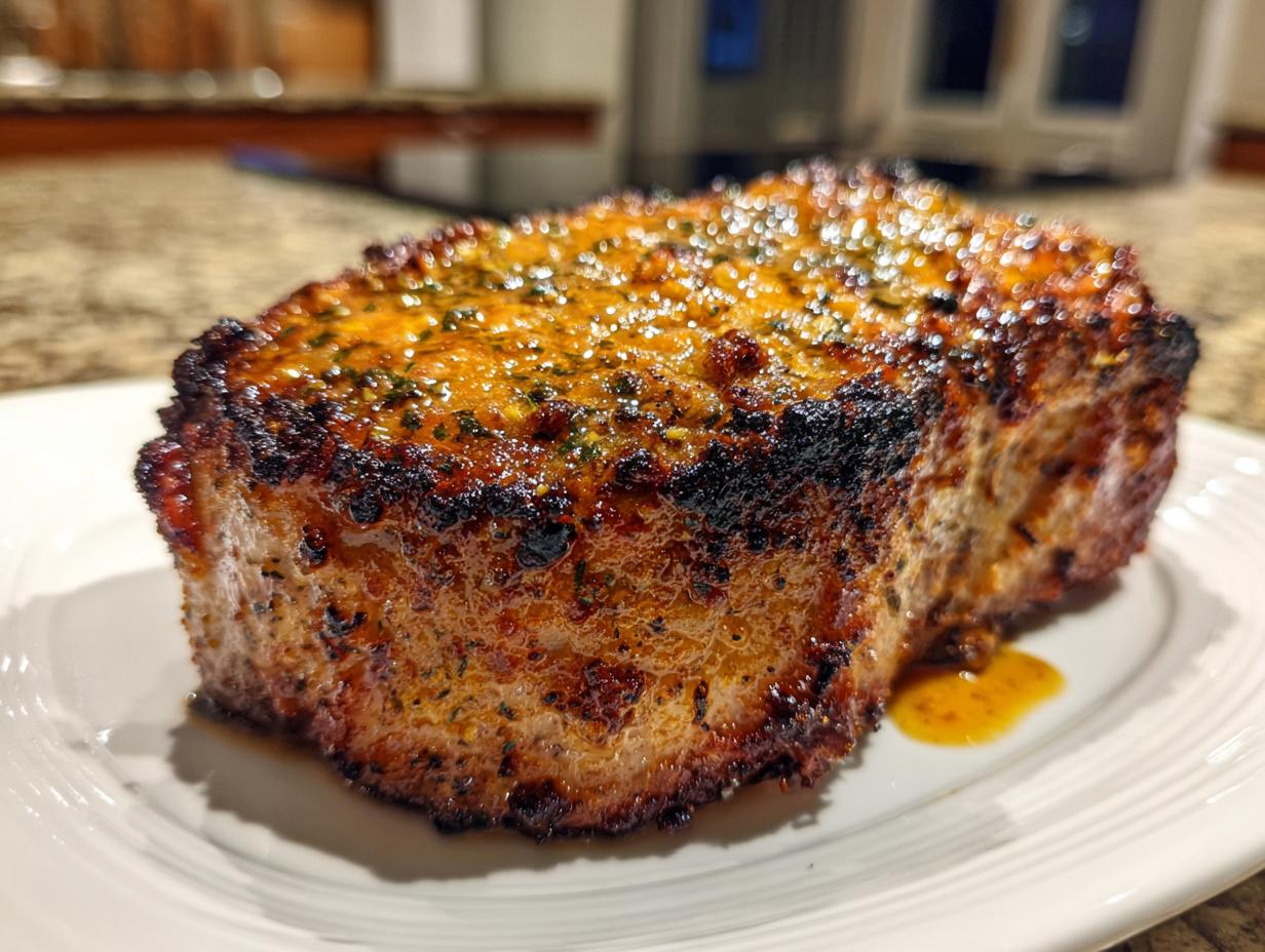 A thick, juicy pork chop with a beautiful dark sear and shiny herb glaze resting on a white plate.